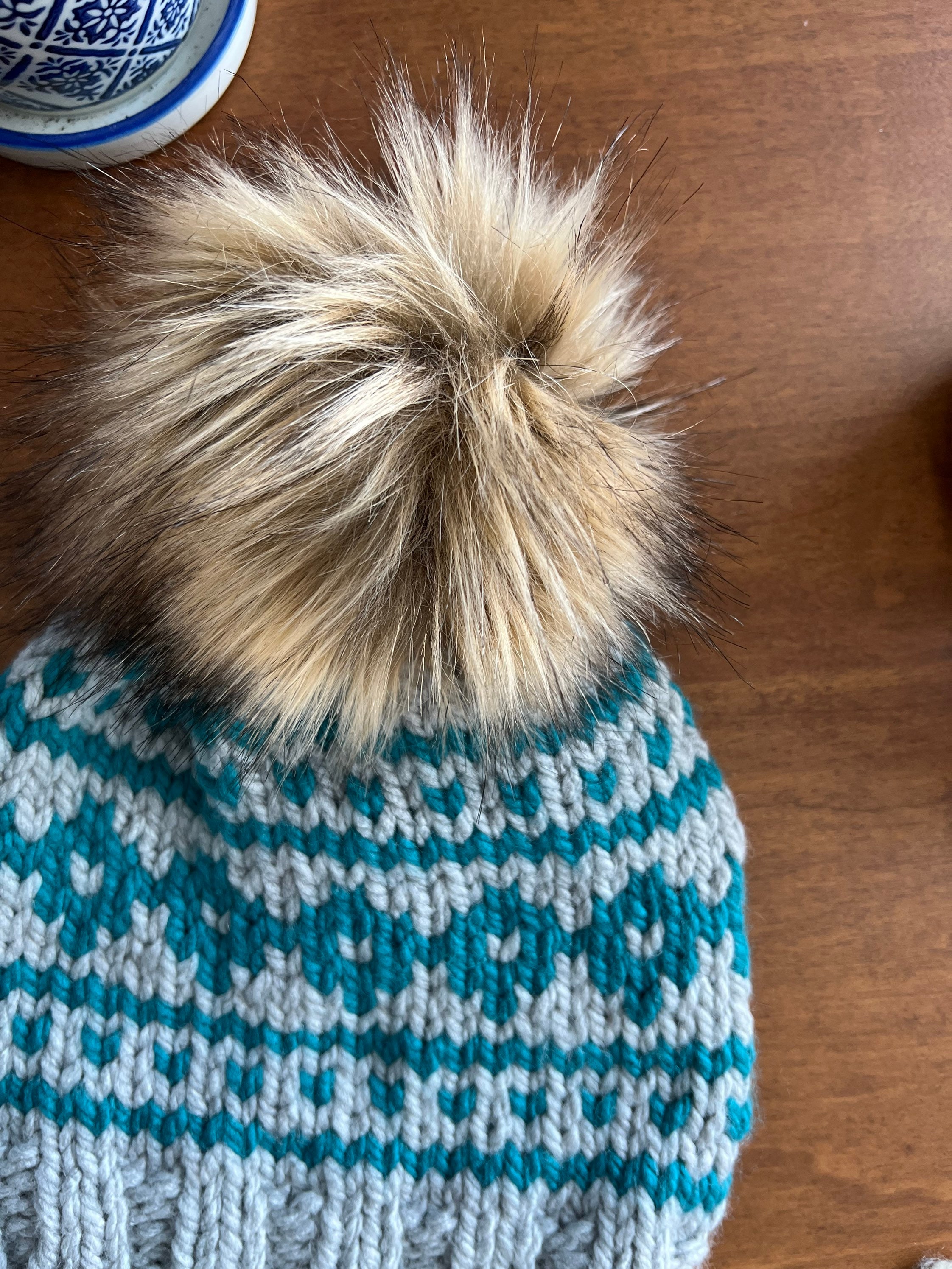 Teal and Gray - Winter Hat - Faux Fur Pom - Etsy
