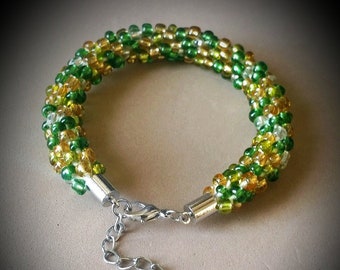 Green and Gold Rope Bracelet, Snake Beaded Bracelet, Glass Beads Bracelet, Bold Thick Holiday Bracelet Gift