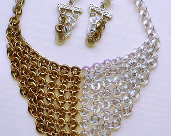 Glass Beads Bib Necklace Set, Gold and Silver Two Tone Statement Necklace, Fashion   ChainMaille Jewelry, Bold Holiday Necklace and Earrings