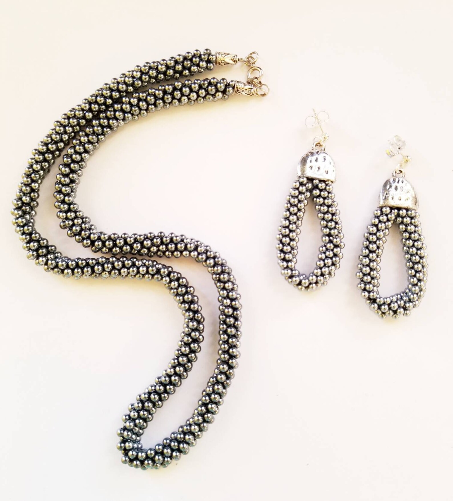 Beaded Rope Necklace and Earrings Set Silver Gunmetal Beads Etsy