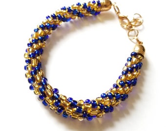 Blue and Gold Beaded Rope Bracelet, Glass Beads Festive Bracelet, Holiday Glam Bracelet, Snake Bracelet, Fashion Jewellery Gift