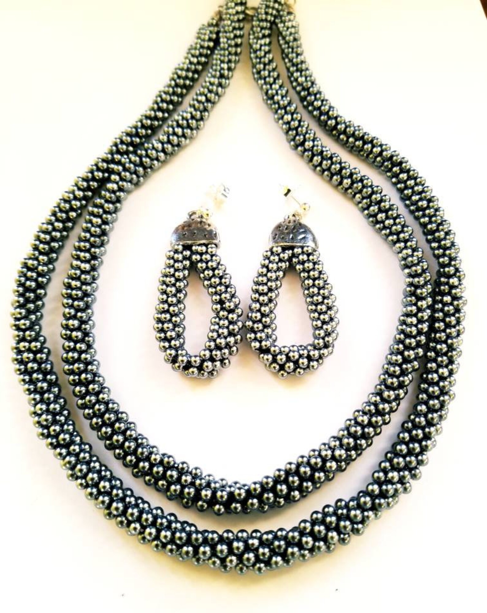 Beaded Rope Necklace and Earrings Set Silver Gunmetal Beads Etsy