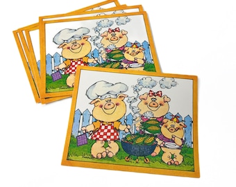 Pig-Themed Notecards, 1980s Stationery, Cooking Theme, Set of 7
