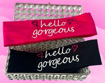 Womens Lycra Headband, 'Hello Gorgeous' Embroidery, Stretchy Jersey