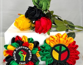Black History Month Flower Brooch Pin, Peace Sign Satin Fabric