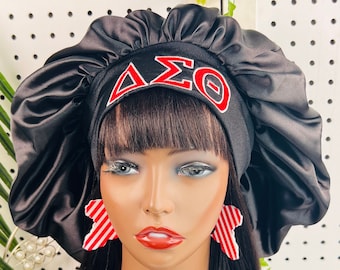 Delta Sigma Theta Satin Bonnet, Embroidered Sorority Bonnet, Reversible Sleep Cap