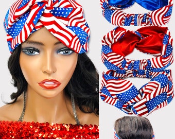 SATIN LINED HEADBAND, Patriotic American Flag Headband, Headband Turban,