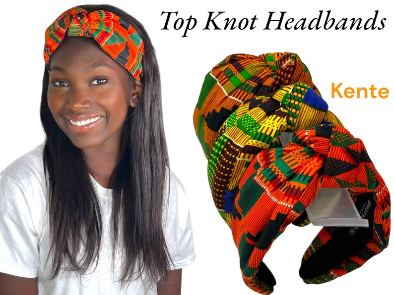 May include: A woman wearing a colourful top knot headband. The headband features a vibrant Kente cloth pattern in orange, green, and black. The image also shows several other headbands with similar patterns. Text on the image reads "Top Knot Headbands" and "Kente".