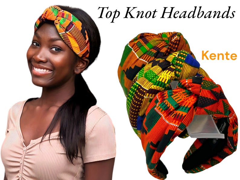 May include: A selection of Kente fabric top knot headbands. The headbands display a vibrant African print in shades of orange, yellow, green, and blue. One is worn, and several others are shown together.