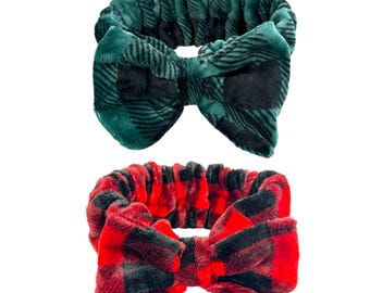 Plaid Fleece Spa Headband, Handmade Bow Hair Band