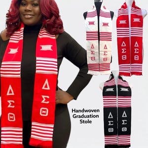 Delta Sigma  Theta - Red, Fraternity and Sorority Sashes, Handwoven Kente Cloth - Alpha Kappa Alpha - AKA - Graduation Stole Sash