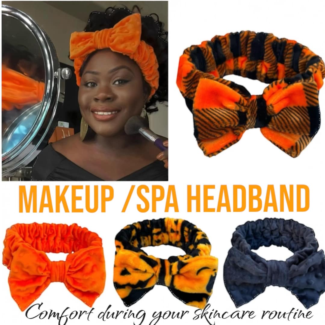 Halloween Bow Headband, Plaid Orange & Black, Makeup Spa Headband