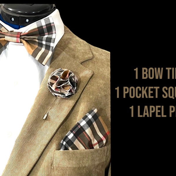 Tan plaid bowtie, Brown tartan