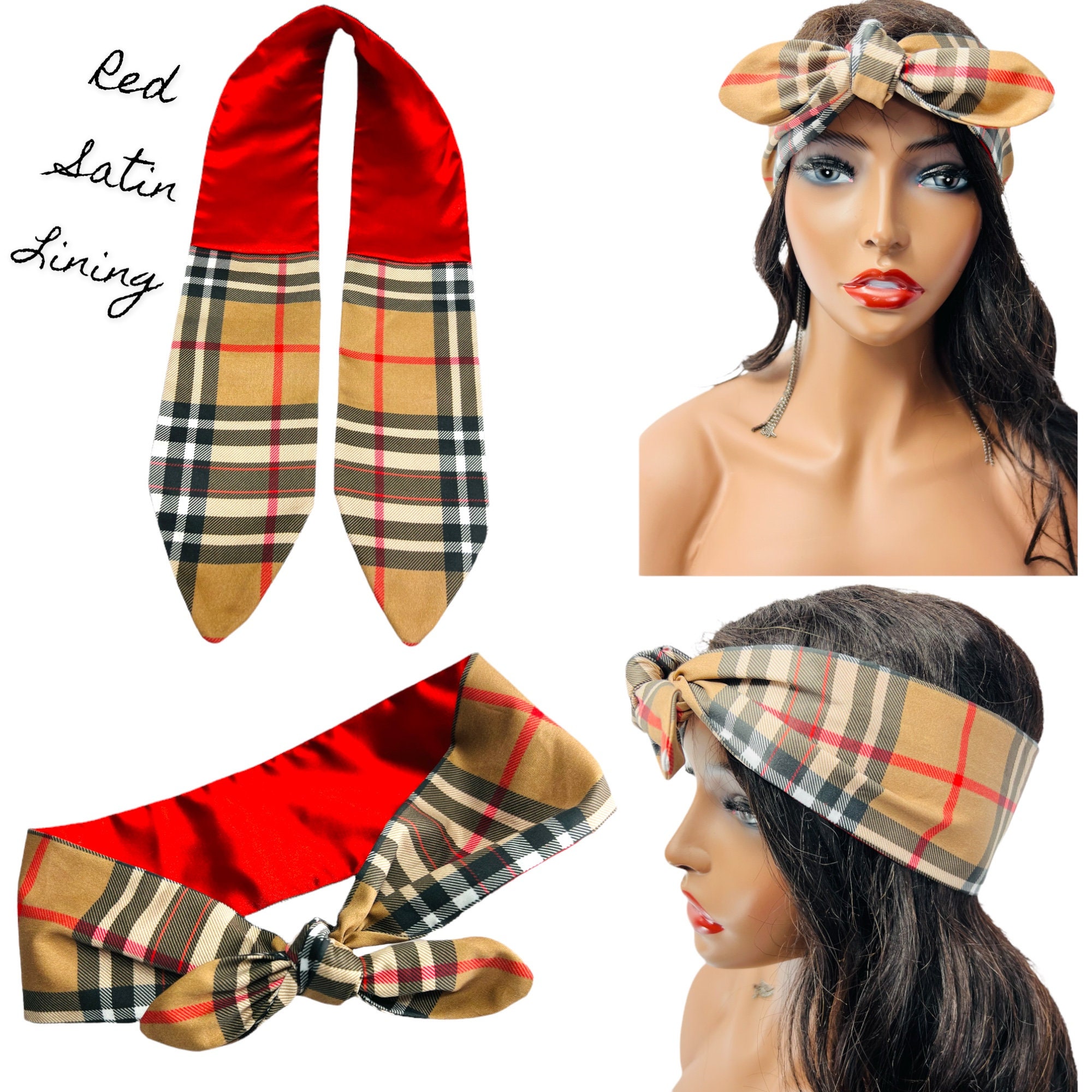 Plaid Headband, Sruncies, Tartan Tan Cotton Fabric, SATIN  display picture 3