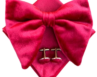 Mens Pre-Tied Bow Tie Tuxedo Oversized Velvet Bowtie Cufflinks Hankie Combo Sets