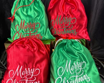Embroidered Christmas Drawstring Bag, Red and Green Satin Gift Sack
