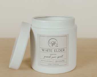 White Elder (Vanilla) Soy Wooden Crackling Wick Candle with herbs and crystals