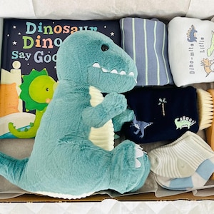 May include: A gift box filled with baby items, including a plush teal dinosaur, a children's book titled "Dinosaur Dino Say God", and various blue and white clothing items. A wooden brush and socks are also included. The box is white.