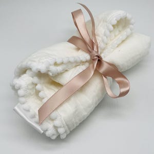 White and Cream Muslin Pom Pom Trim Baby Girl Blanket | Cotton Muslin Lightweight Newborn Girl Blanket Burp Cloth | Shabby Chic Pom Pom