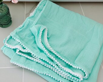 Handmade Muslin Baby Swaddle Blanket: Extra Large Sea Green Pom Pom Trim