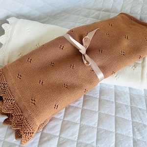 Organic Cotton Knit Baby Blanket: Pointelle Lace Edge, Stroller Crib Size