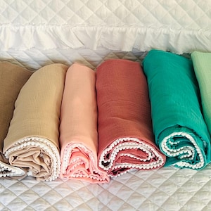 EXTRA LARGE Pom Pom Muslin Swaddle Blankets | Extra Large Muslin Baby Blankets | Pom Pom Trim | Hand Sewn Muslin Blankets 47x47 inches