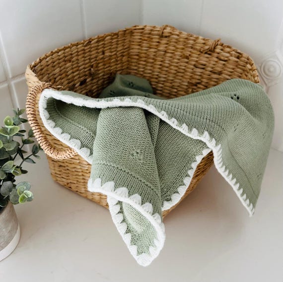 Sage Green Organic Cotton Baby Blanket | Crochet Border