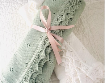 Green or White Pointelle Organic Cotton Baby Blanket: French Lace Nursery Quilt
