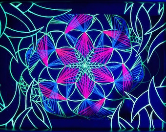 String Art - Flower of Life - Meditate - UV Reactive Fluorescent Embroidery  Wall Decor
