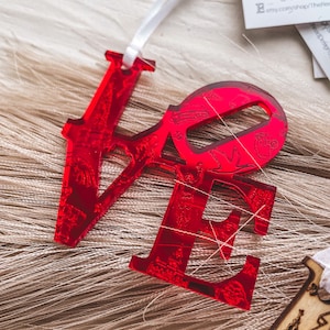 Red Mirrored Philadelphia Landmarks & Icons Ornament- Love Park Ornament - Philly Sport Ornament - Acrylic Engraved Philly Landmarks