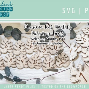 SVG - Monstera Blatt monatliche Meilenstein Karten - Dschungel Themen - SVG Glowforge Laser Datei - CNC Cut Datei - digitaler Download