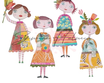 Mixed Media Girls Clipart – Whimsical Paper Dolls, Gelli Print Collage (PNG)