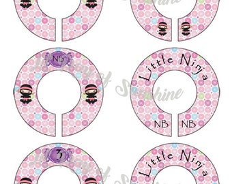 193M: Pink Ninja girl Baby Clothing Closet Dividers ~ Weekly Closet Organizers ~ Nursery Organization ~ Martial arts Baby Shower gift