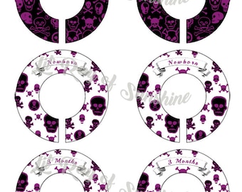 702M: Purple Skulls Baby Clothing Closet Dividers ~ Weekly Closet Organizers ~ Goth Nursery ~ Pink and Purple Gothic Baby shower gift
