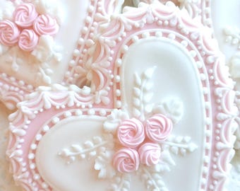 6 Lace Heart Sugar Cookies: Pink Rose Royal Icing, Set of 6