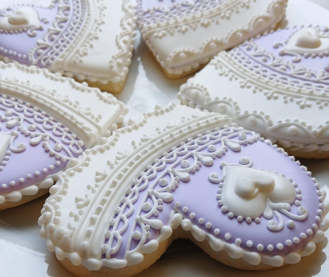 6 Royal Icing Lace Heart Cookies, Lavender, Sugar Cookies, Romance ...