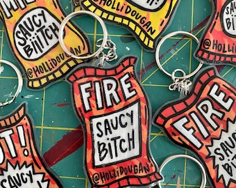 Funny Hot Sauce Packet Keychains - Handmade Shrinky Dinks
