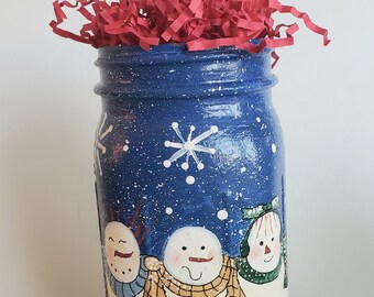 Snowman Candy Jar, Painted Jar, Christmas Gift, Holiday Art, Folk Art, Vintage, Glass Art, Christmas Decor