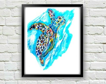 Sea Turtle Art Print- Turtle Gift- Coastal Art Print- Kids Room Art- Beach House Decor- Turtle Wall Art- Sea Turtle Decor