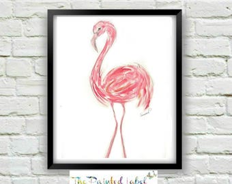 May include: A watercolor painting of a pink flamingo with a long neck and long legs. The flamingo is standing on a white background. The painting is signed "Summer" in the bottom right corner.