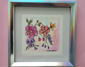 Framed Original Watercolor Painting, Small Art, Mini Painting, Floral Art, Floral Gift, Garden Art