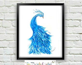 Blue Peacock Art Print- Peacock Art-Bird Print-Peacock Wall Art-Peacock Decor- Peacock Painting - Blue Art, Bird Decor