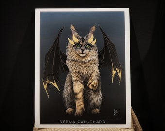 The Witch's Companion - Fine Art Print -Cat with Wings, Hand finished in 18KT Gold |witchy,cottagecore,moody,gothic|