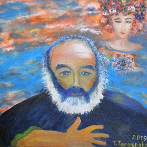 May include: A painting of a man with a white beard and a woman with a floral crown. The man is wearing a dark blue shirt and the woman is wearing a blue dress. The background is a blue and orange sky.