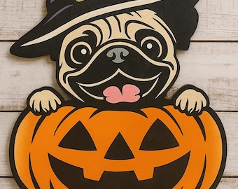 Pug "Jack-o-lantern" Door Sign SVG 2-Layer Digital Cut File svg, ai, pdf, dxf,lbrn2  Laser Ready File - Digital Download Only