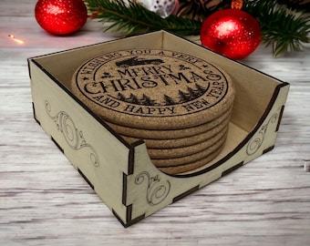 Festive Set of 6 Laser-Etched Christmas Cork Coasters (3.5") with Wooden Display Holder