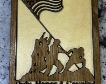 Handcrafted Wall Mounted Bottle Cap Opener Iwo Jima Flag Raising, Unique Christmas Gift for Home Bar or Man Cave. Can be personalized.