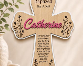 Personalized Baptism Cross, Custom Wooden Cross Keepsake, Baptism Gift for Girls & Boys, Laser Engraved Christian Nursery Decor
