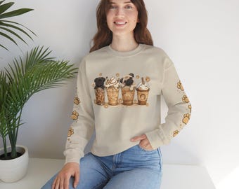 Cute Pug Coffee Sweatshirt | Dog Lover Crewneck | Cozy Fall Sweatshirt | Coffee & Pugs Graphic | Unisex Gildan 18000