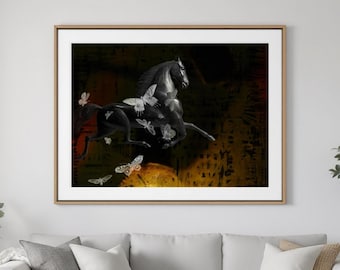 Framed Black Horse with Butterflies, Vintage Moody Equestrian Wall Art Decor